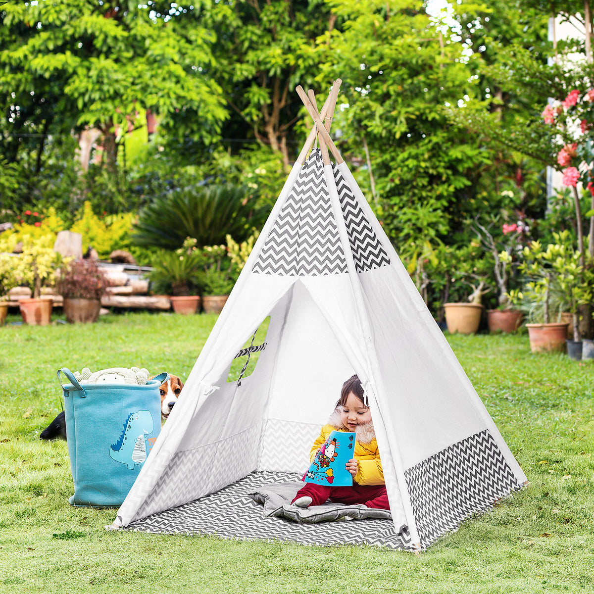 Tenda Tipi para Crianças acima de 3 Anos Tenda Infantil de Madeira Portátil com Janela Almofada e Bolsa de Transporte para Interiores e Exteriores 120x120x155cm Cinza — foto 2