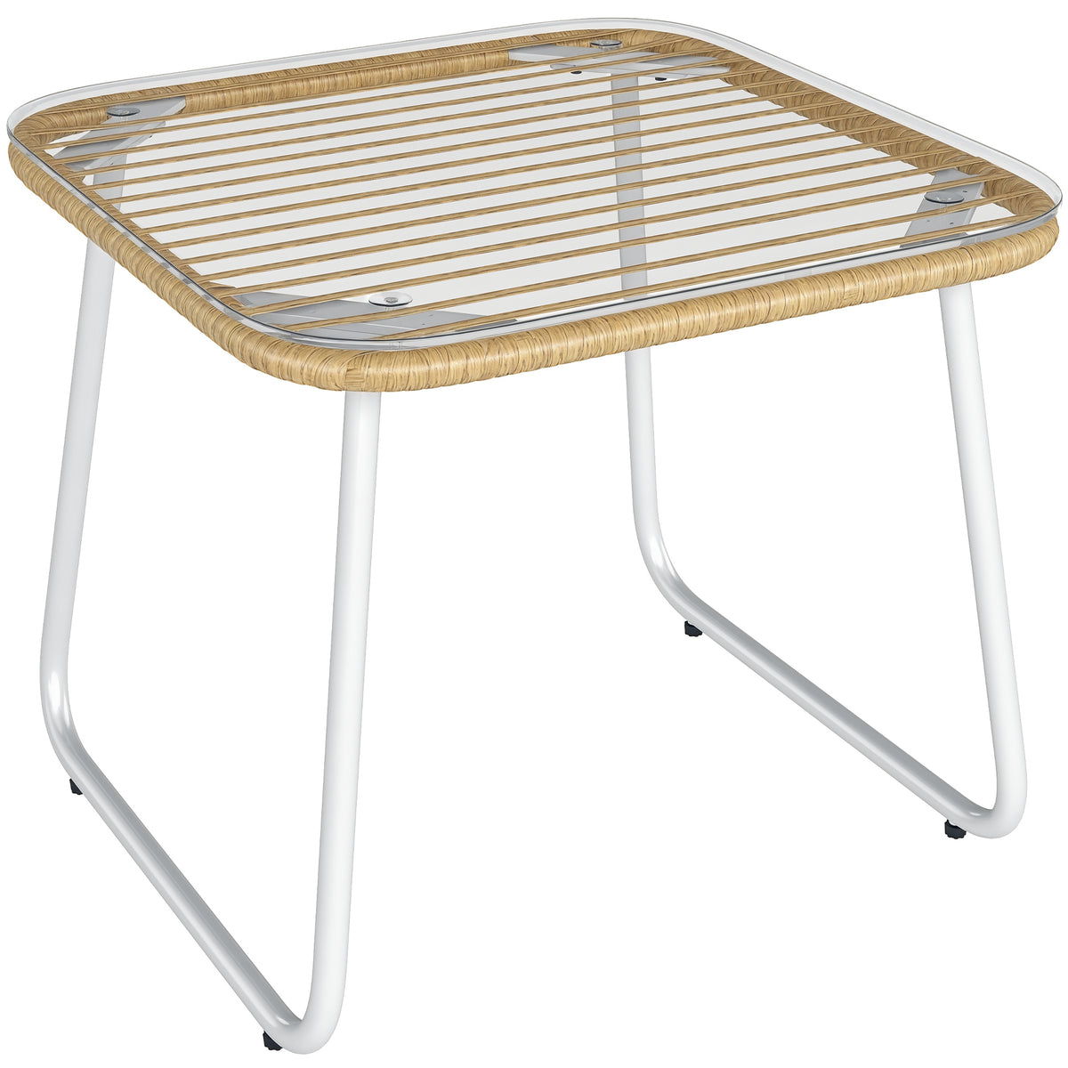 Mesa de Jardim de Vime Sintético Mesa para Exterior com Bancada de Vidro Temperado e Pés Ajustáveis Mesa Auxiliar para Pátio Varanda 50x50x44 cm Madeira e Branca — foto 1