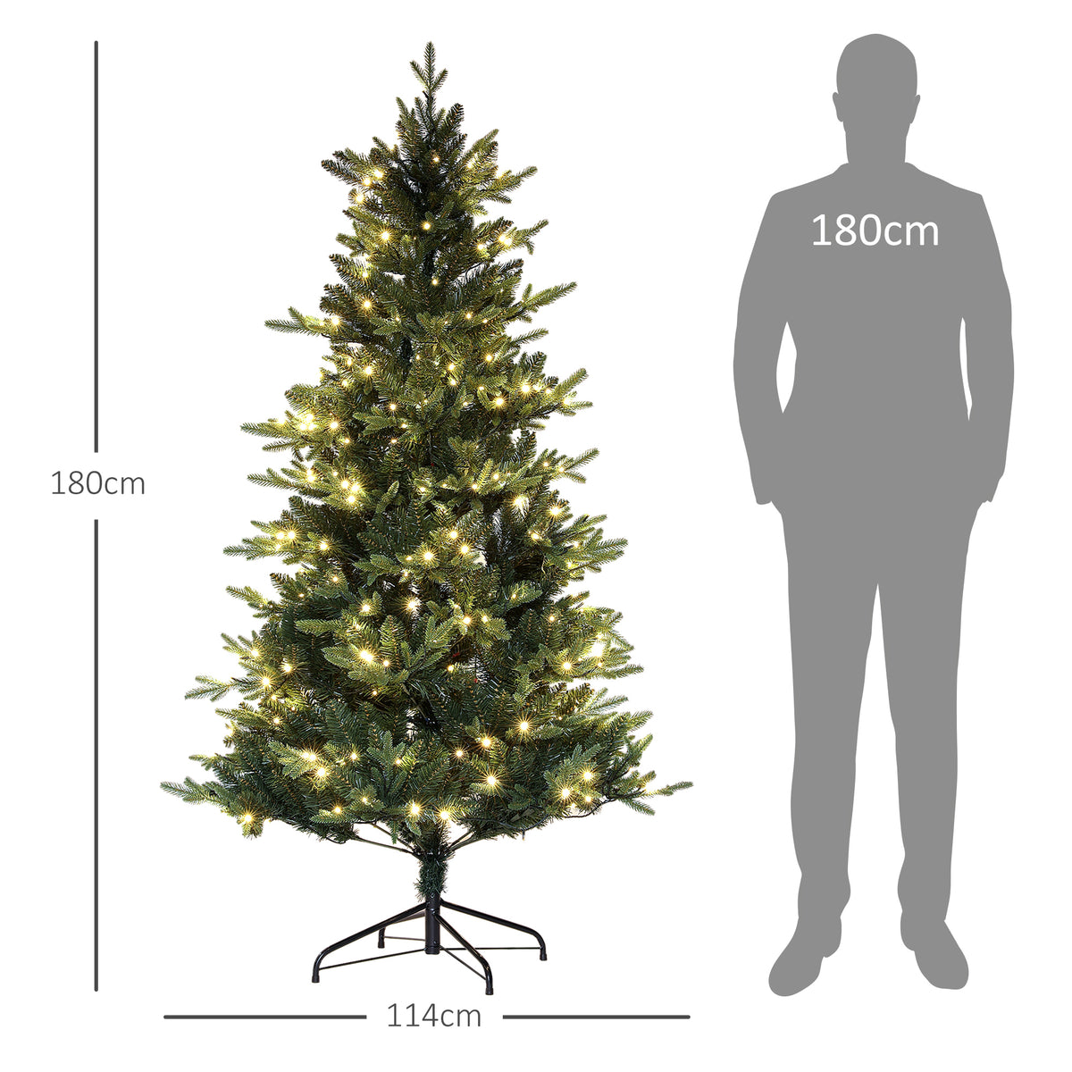 Árvore de Natal 180 cm Árvore de Natal Artificial com 350 Luzes LED 726 Ramos e Suporte de Aço Decoração de Natal para Sala de Estar Interior Ø114x180 cm Verde — foto 3