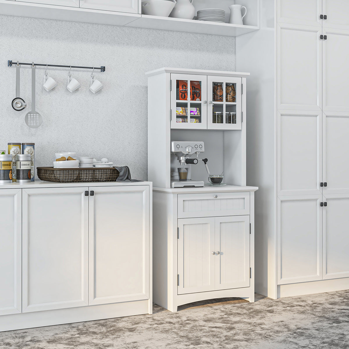 Armário de Cozinha Armário Auxiliar para Microondas com 2 Armários e Gaveta 68.6x40x164 cm Branco — foto 2