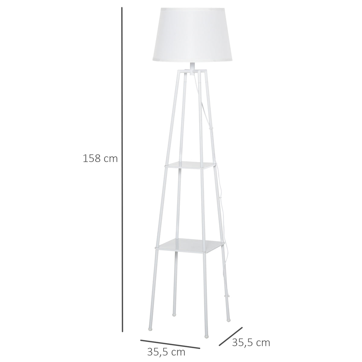 Lâmpada de pé Tripé de metal Soquete E27 de Máximo 40W com tela de linho e prateleira de 2 níveis 35,5x35,5x158 cm Branco — foto 3