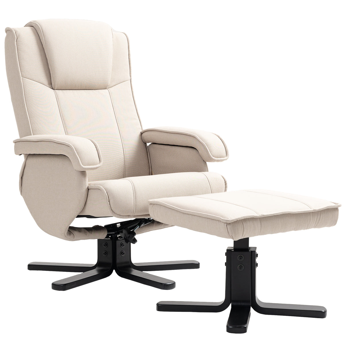 Poltrona Relax Reclinável com Apoio para os Pés Poltrona Giratória Estofada em Linho com Base de Madeira Função Baloiço Poltrona para Quarto Sala de Estar 67x87x96 cm Bege — foto 1