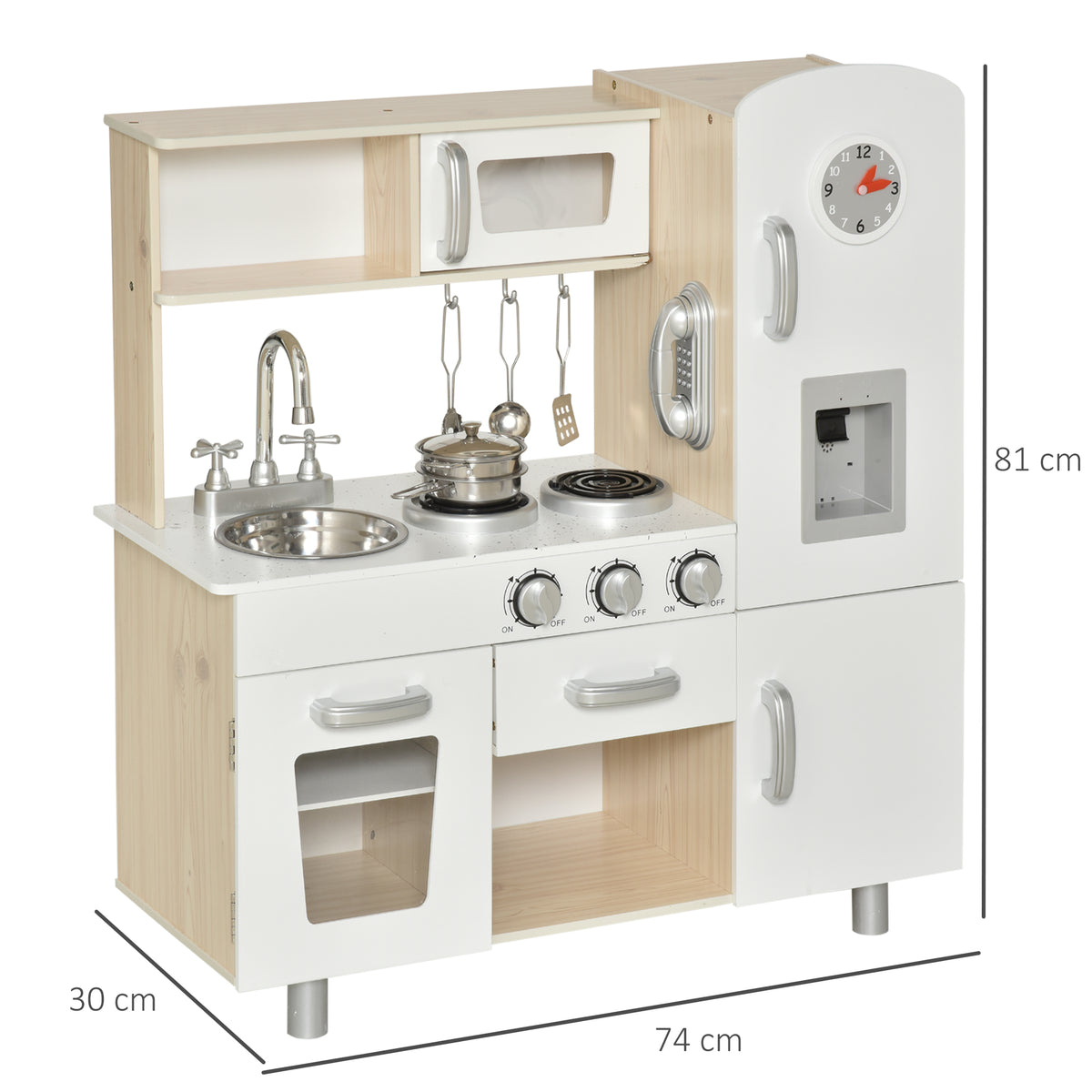 Cozinha de Madeira para Crianças Cozinha de Brinquedo com Lavatório Fogão de Indução e Micro-Ondas e Acessórios Incluídos Cozinha para Crianças acima de 3 Anos 74x30x81 cm Branco — foto 3