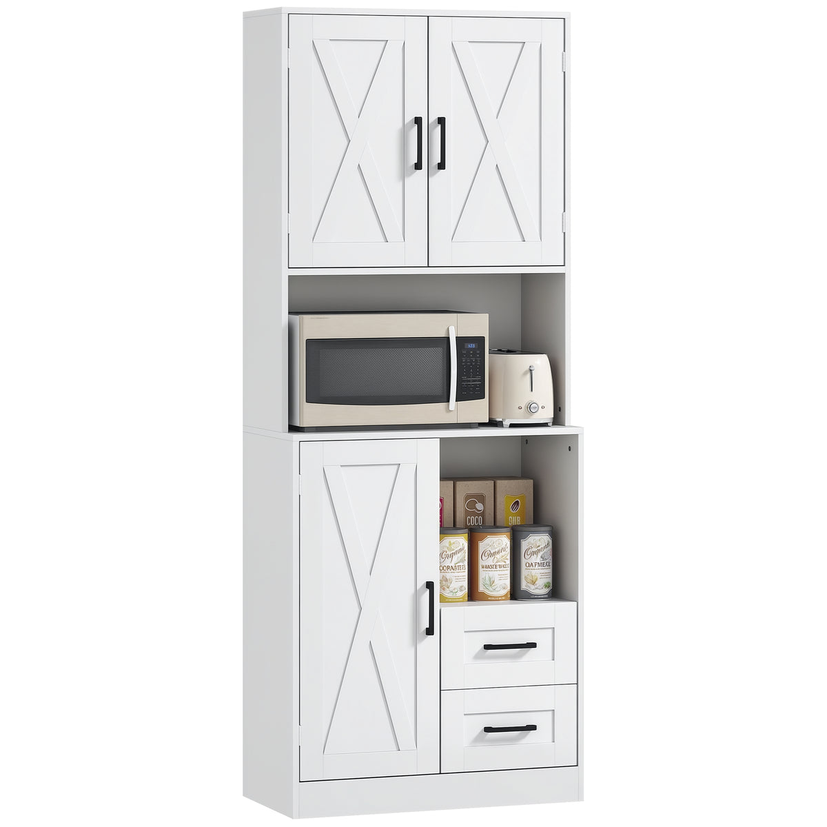 Armário de Cozinha Rústico Armário Alto de Cozinha com Portas Compartimentos Abertos Gavetas e Prateleiras Ajustáveis Anti-Tombo para Sala de Jantar 70x40x180 cm Branco — foto 1