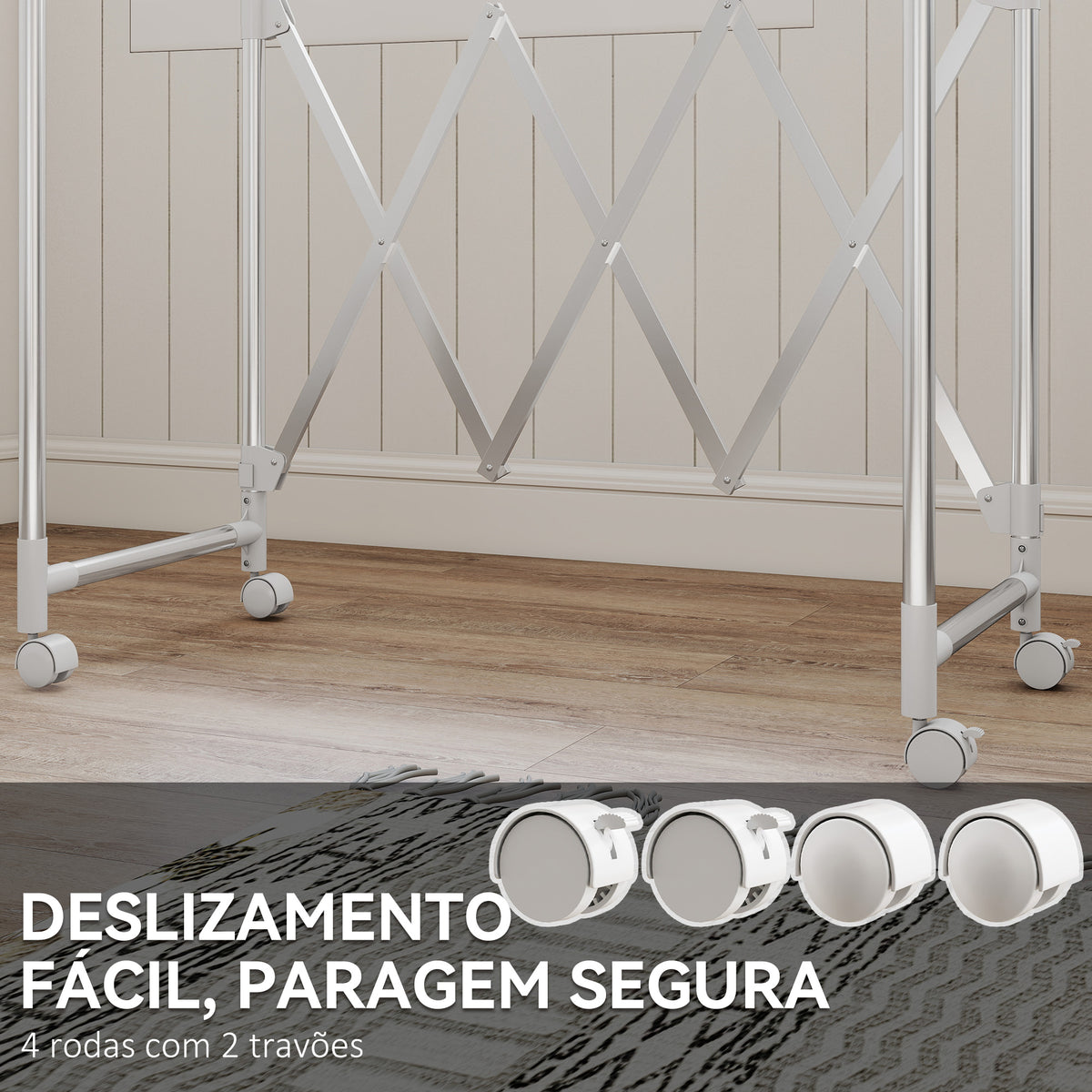 Estendal Vertical Dobrável de 3 Níveis Estendal de Aço Inoxidável com 3 Barras Ajustáveis e Extensíveis 4 Rodas para Interior 104-150x103x145-197 cm Prateado — foto 6