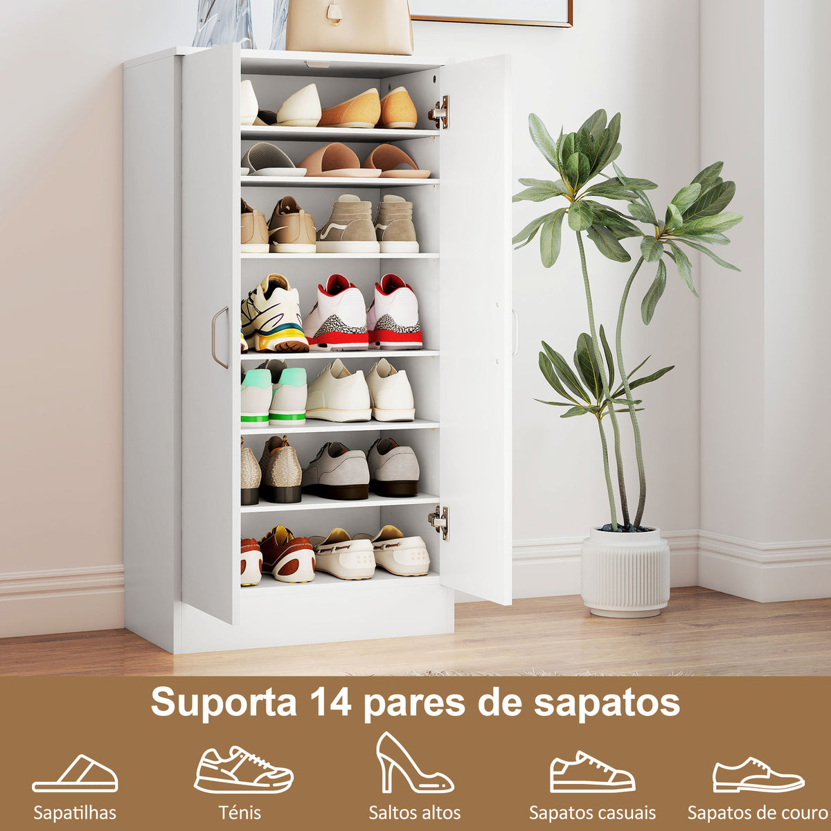 Sapateira de 2 Portas Sapateira para Entrada com 6 Prateleiras Ajustáveis para 14 Pares de Sapatos 55x35x108 cm Branco — foto 4
