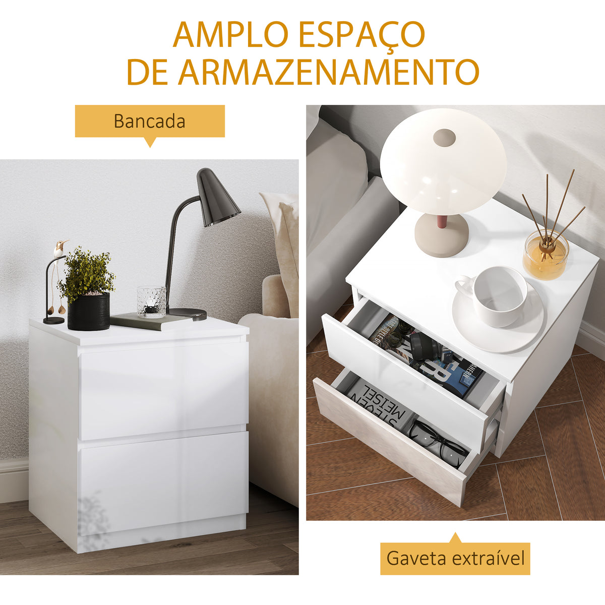 Mesa de Cabeceira Moderna Mesa de Cabeceira com 2 Gavetas Mesa de Cabeceira para Dormitório 40x34x45 cm Branco Brilhante — foto 5