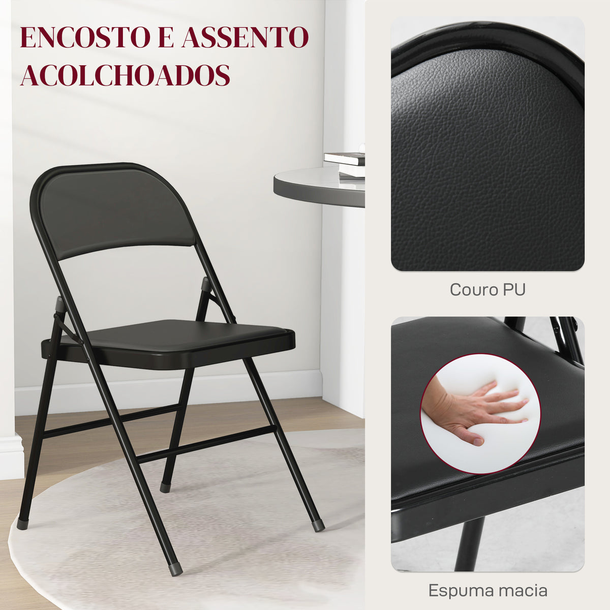 Conjunto de 2 Cadeiras Dobráveis Cadeiras Dobráveis com Encosto e Estrutura de Aço para Sala de Estar Escritório Estúdio 45x46x78 cm Preto — foto 4