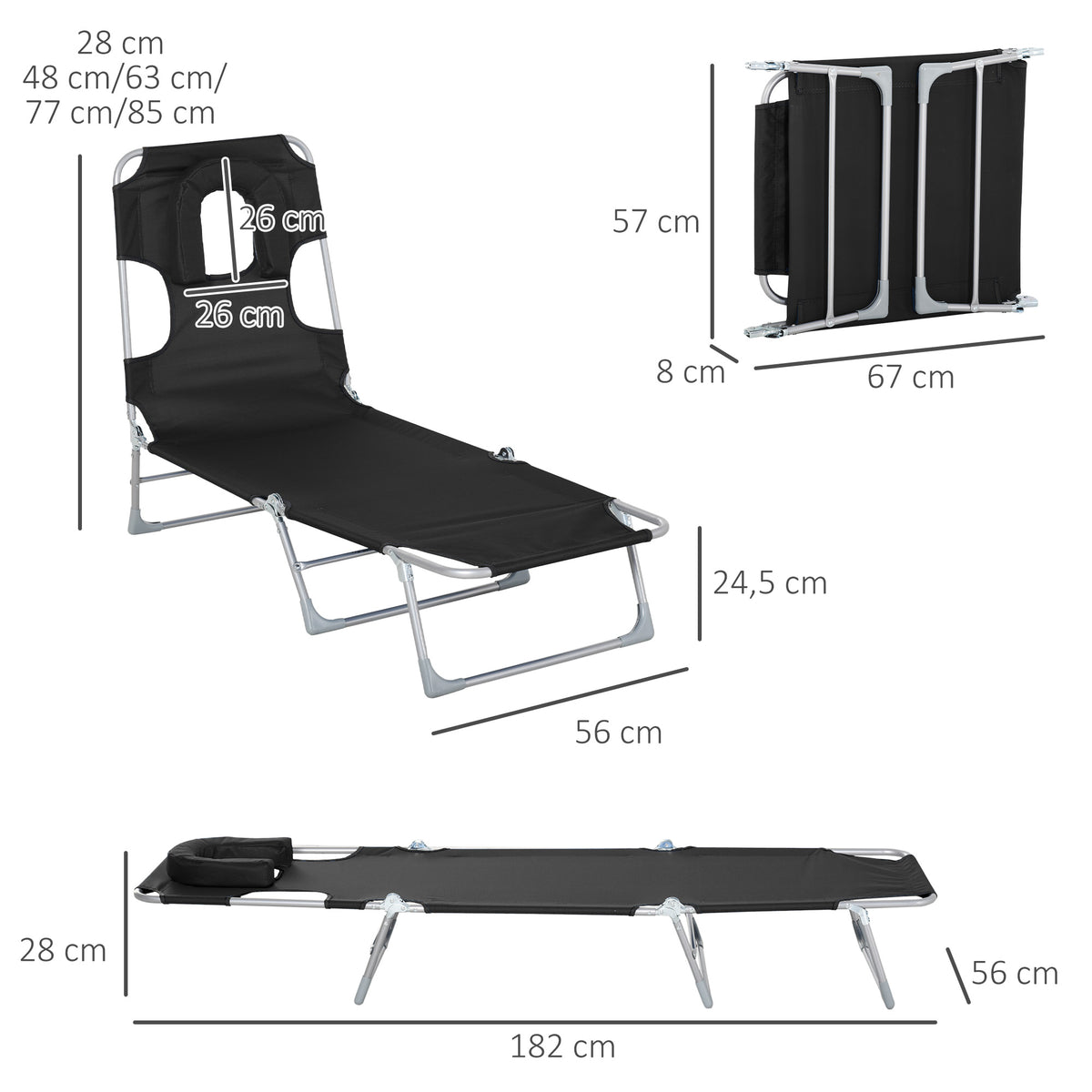 Espreguiçadeira de Jardim Reclinável e Dobrável com Orifício de Leitura Apoio para Cabeça e Encosto Ajustável em 4 Níveis para Praia 182x56x24,5 cm Preto — foto 3