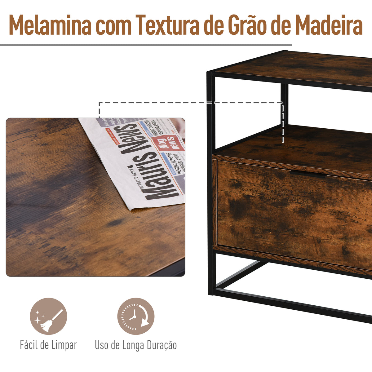 Mesa de console estilo industrial com gaveta grande e prateleira aberta Superfície espaçosa estrutura de metal 73x 45,5x 76cm Rústico Castanho — foto 5
