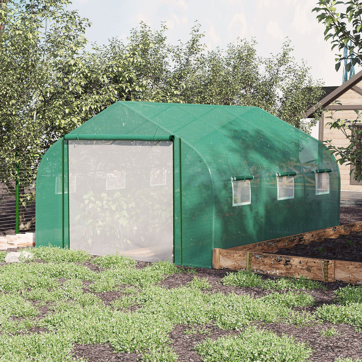 Estufa de Túnel 3,5x3x2m Estufa de Jardim com Porta e 6 Janelas Enroláveis de Polietileno Metal Galvanizado para Cultivos de Plantas Flores Verde — foto 2