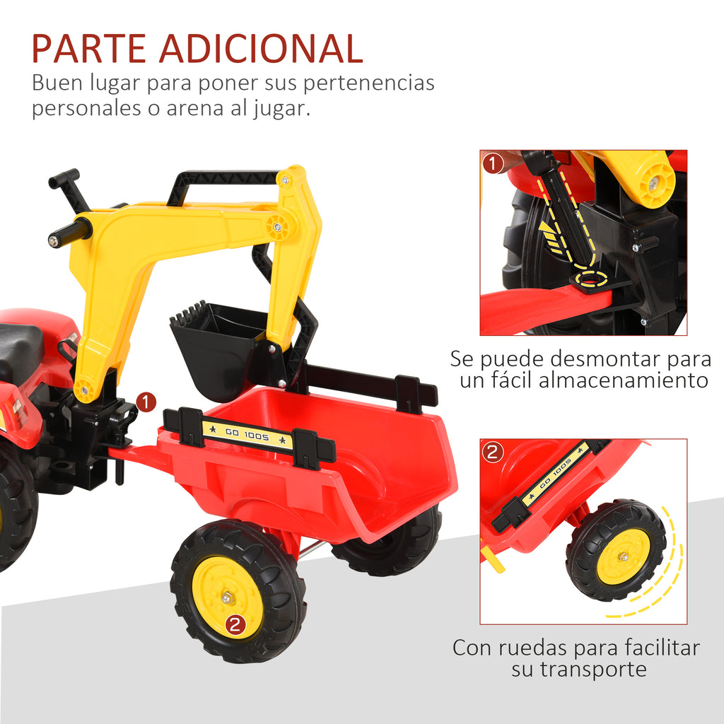 Trator de pedais com reboque escavadeira com pá frontal de brinquedo de condução para crianças acima de 3 anos Direção e pás de fácil controle Suporta até 35 kg 179x42x59 cm Vermelho — foto 7