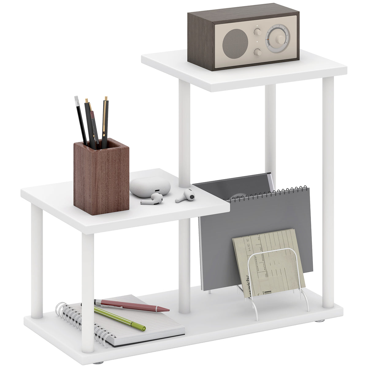 Estante Efeito Madeira Estante para Livros de 3 Níveis Estilo Moderna com Estrutura de Metal Prateleira de Arrumação para Secretária Escritório Cozinha 40x20x34,5 cm Branco — foto 1