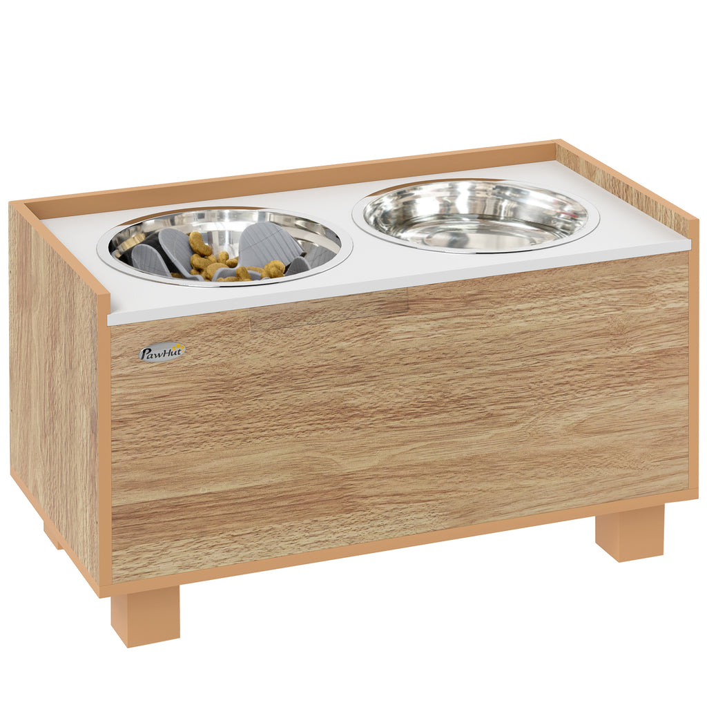 Comedouro para Cães Elevado com Sistema de Alimentação Lento Amovível e Espaço de Arrumação Comedouro com 2 Tigelas de 2L de Aço Inoxidável para Cães Grandes 60x30x35,5 cm Madeira — foto 1
