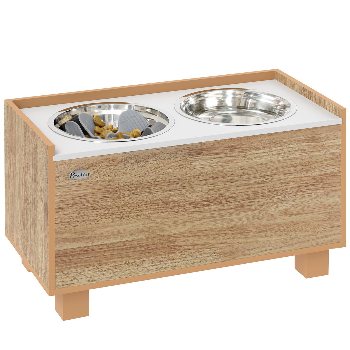 Comedouro para Cães Elevado com Sistema de Alimentação Lento Amovível e Espaço de Arrumação Comedouro com 2 Tigelas de 2L de Aço Inoxidável para Cães Grandes 60x30x35,5 cm Madeira — foto 1