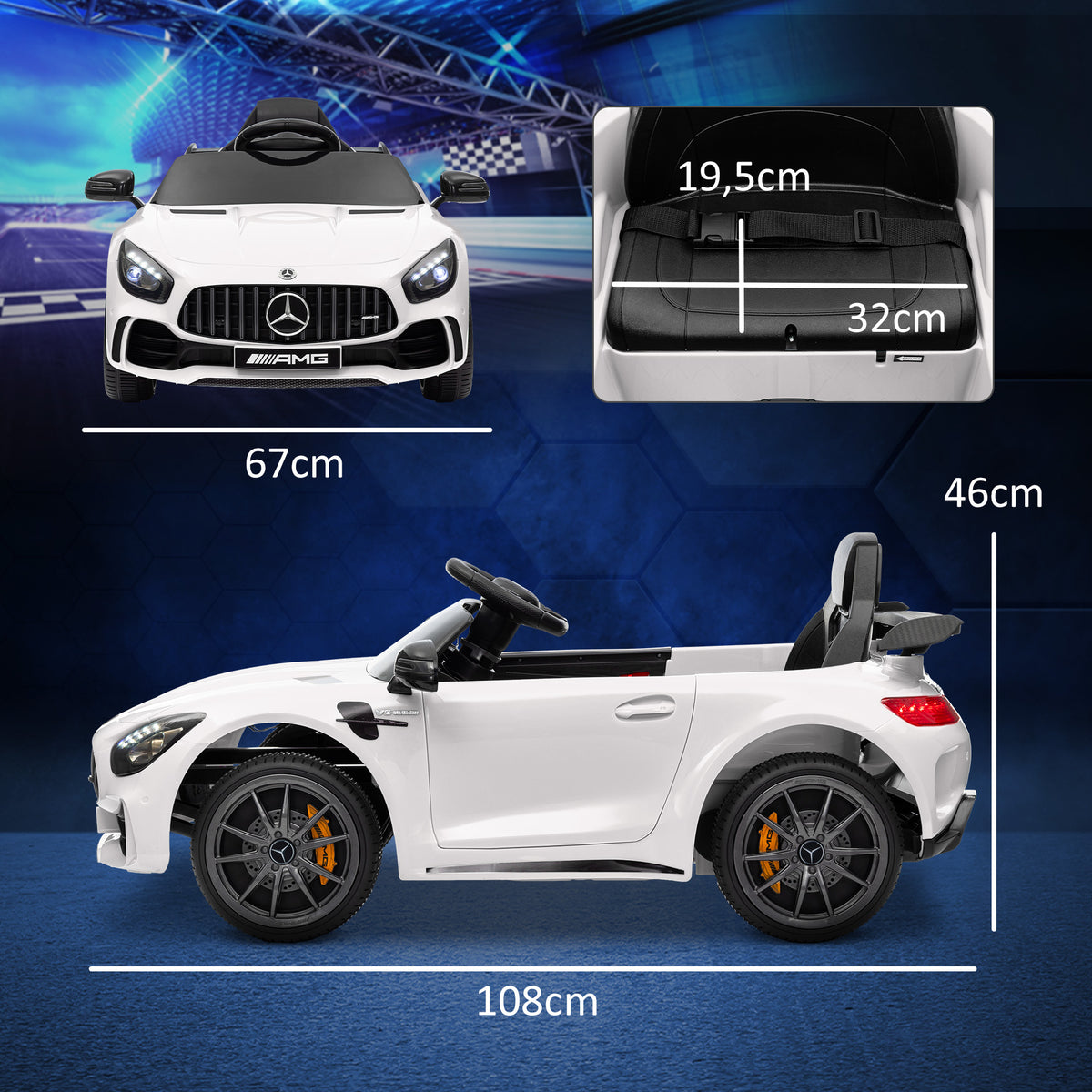 Carro Elétrico para Crianças acima de 3 Anos Carro Mercedes-Benz AMG GTR Carro Elétrico Infantil com Bateria 12V Controlo Remoto Faróis Buzina e Música 108x67x46 cm Branco — foto 3