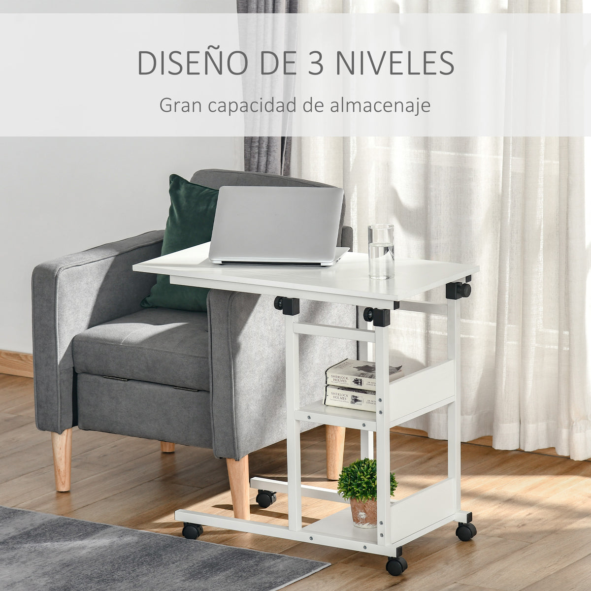 Mesa Lateral para Sofá Mesa lateral em Forma de C com 4 rodas Giratórias Freios Altura Ajustável 3 níveis Estrutura Metálica 80x40x72-82cm Branco — foto 5