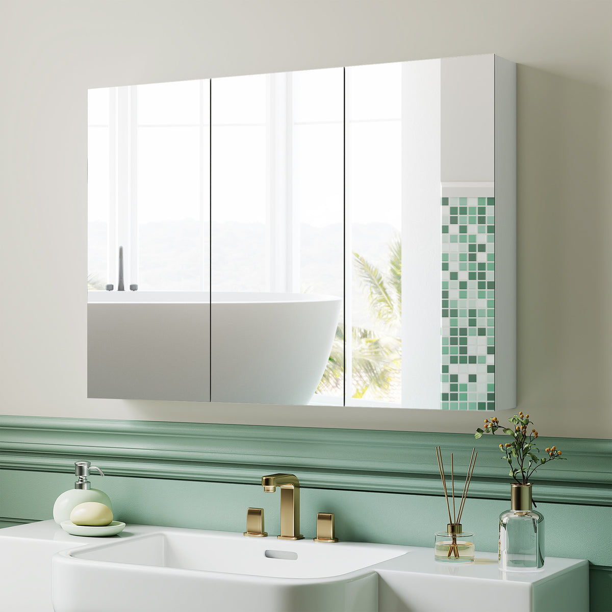 Armário de Casa de Banho com Espelho Armário de Parede Casa de Banho Suspenso com 3 Portas Prateleiras Ajustáveis 91,5x11,5x65 cm Branco — foto 2