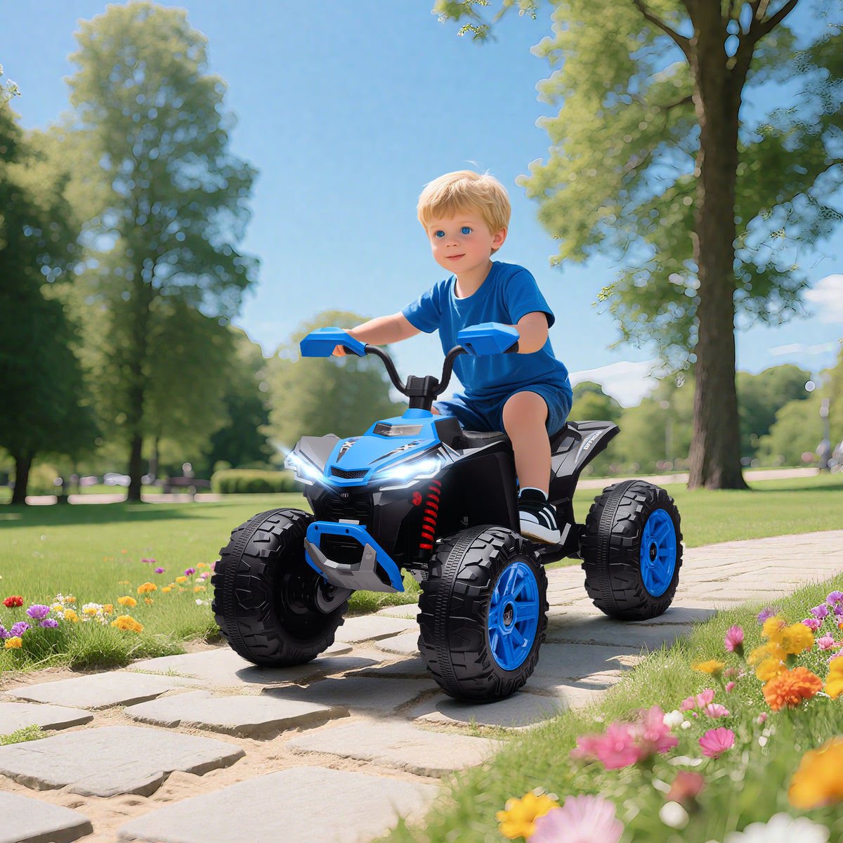 Quadricilo Elétrico para Crianças 24V para 3-8 Anos com 2 Lugares 2 Motores Velocidade até 6,5 km/h Rodas com Suspensão Faróis Buzina Música e USB 109x68,5x76 cm Azul — foto 2