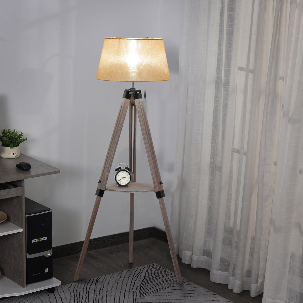 Lâmpada de assoalho com tripé Altura ajustável para escritório e casa Prateleira de armazenamento pequena Base estável 63x63x110-150cm Bege — foto 2
