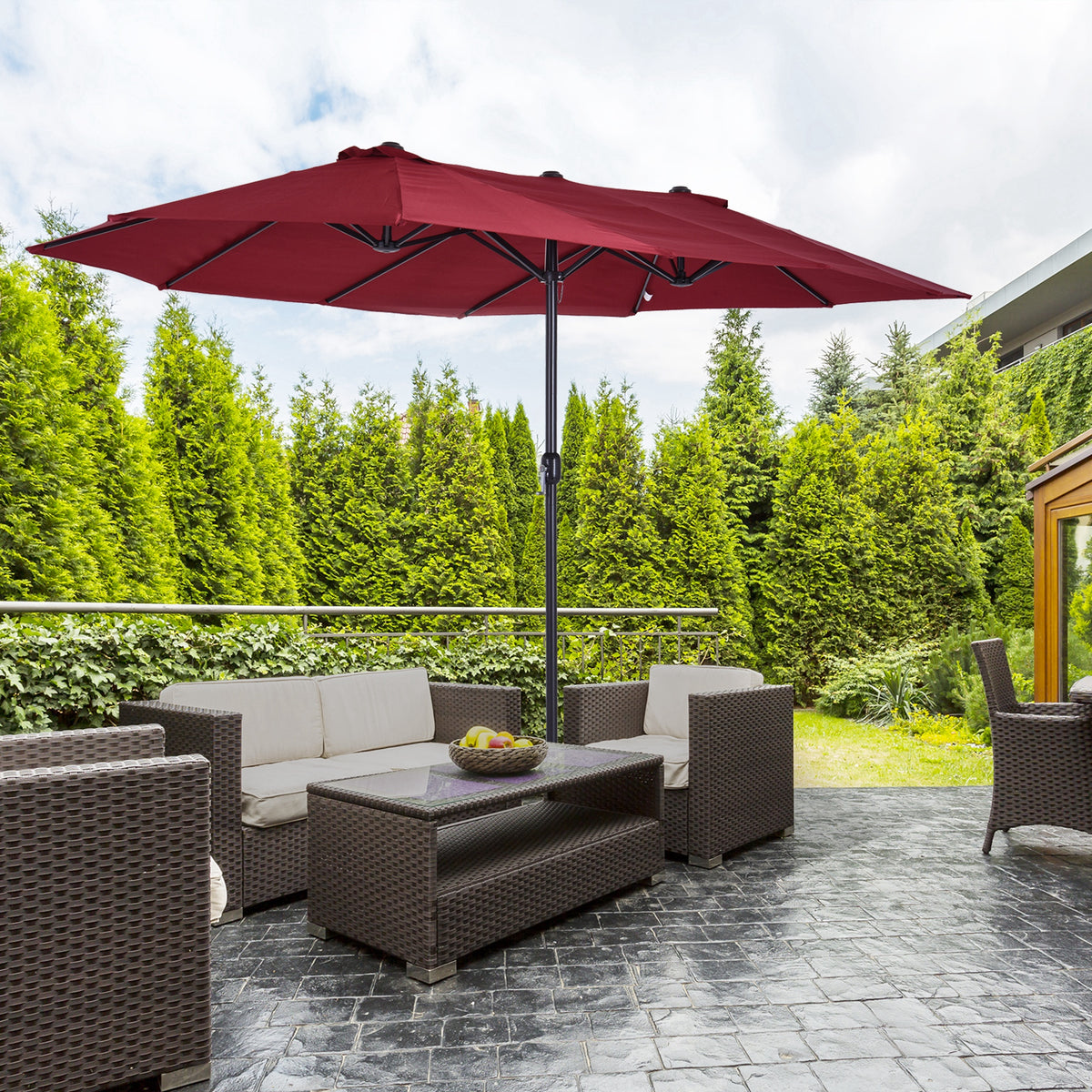 Chapéu de Sol Duplo 4,55x2,65x2,38 m Chapéu de Sol de Jardim com Manivela Manual Resistente à Água e com Proteção Solar UV para Terraço Pátio Vinho — foto 2