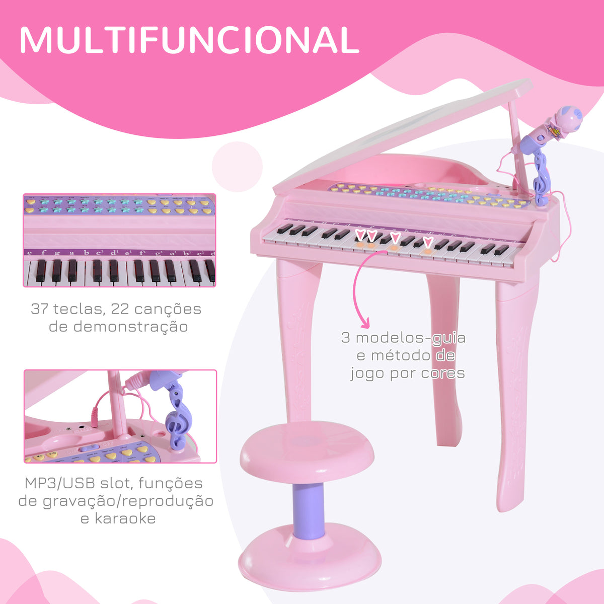 Piano para Crianças com 37 Teclas Piano Infantil com Microfone Banco Luzes 22 Músicas e Entrada para MP3 e USB 48x39x69 cm Rosa — foto 5