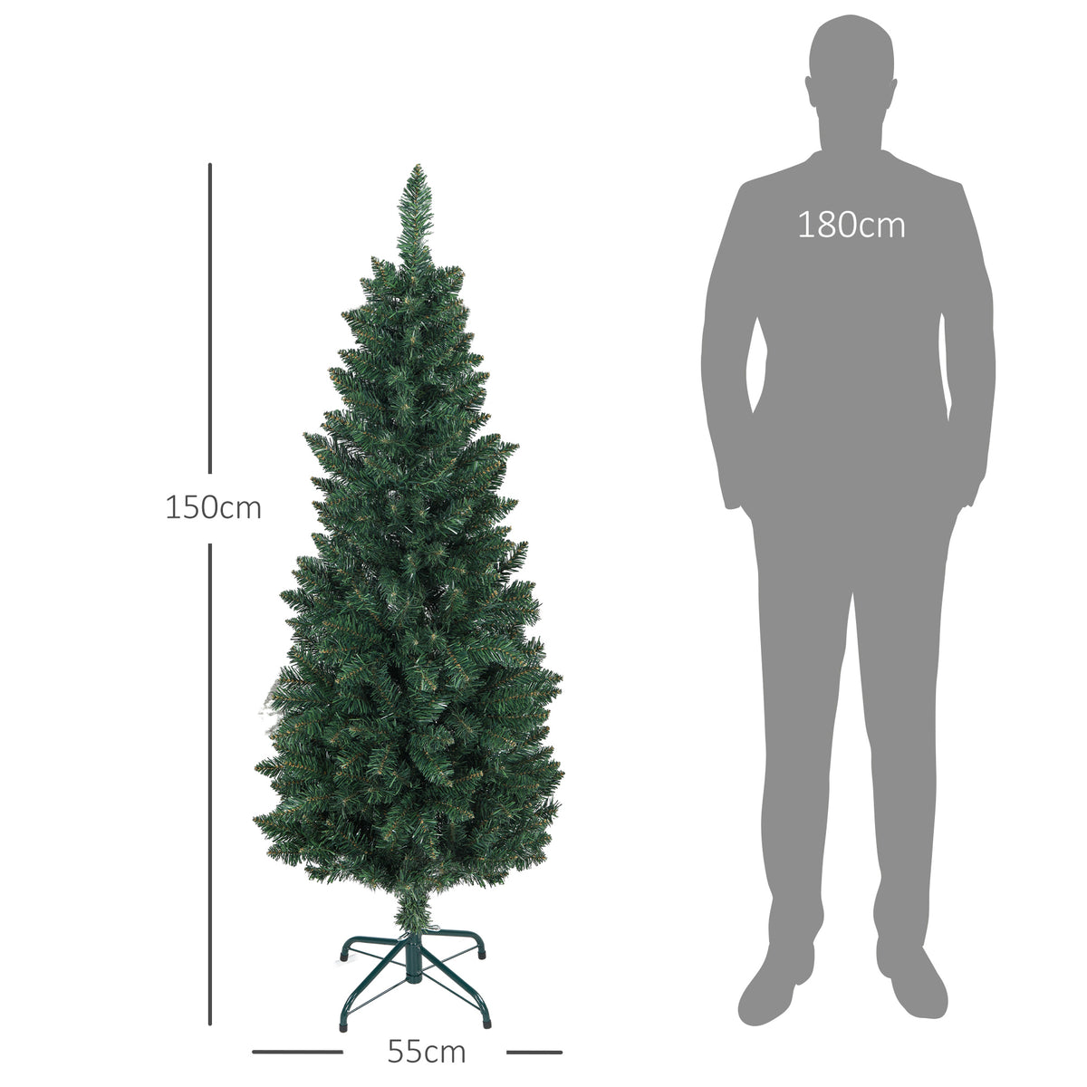 Árvore de Natal Estreita Árvore de Natal Tipo Lápis de 150 cm com Base Dobrável e 317 Ramos para Escritório Verde — foto 3