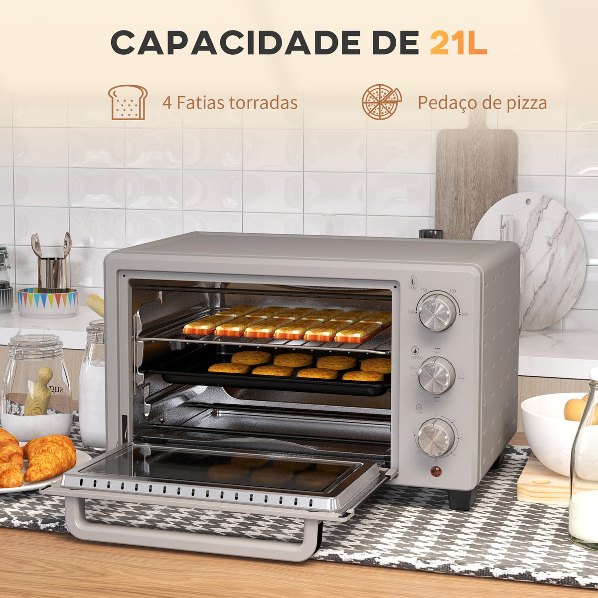 Mini Forno Elétrico 21L 1400W Forno Elétrico de Mesa com Temporizador até 60min e Temperatura Ajustável até 230℃ 46x38,5x29 cm Prata — foto 4