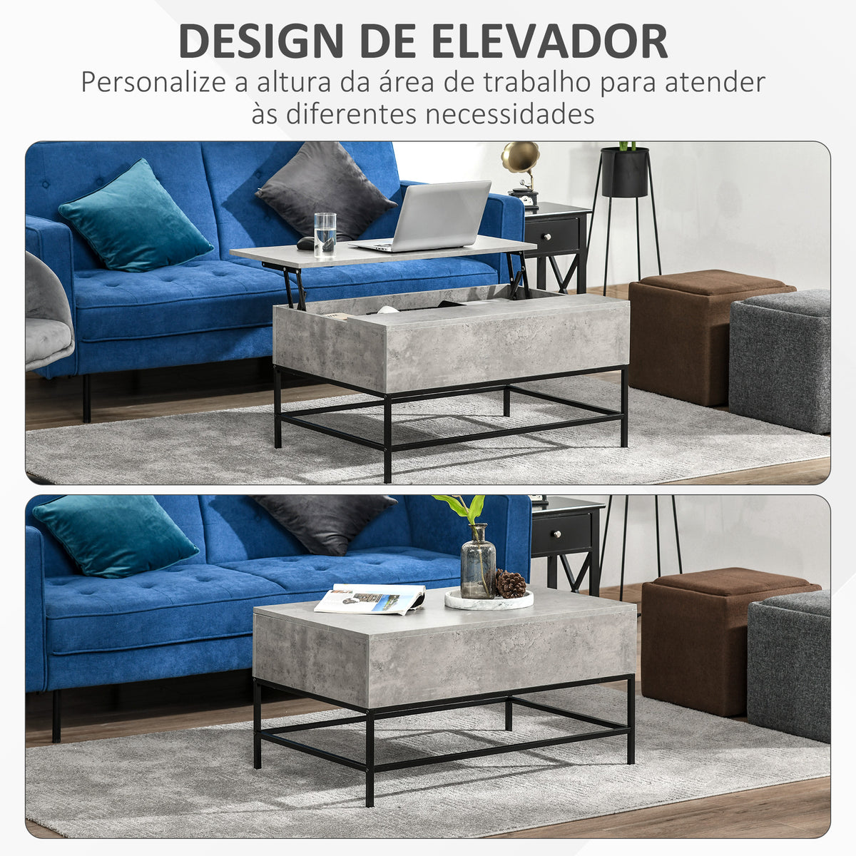 Mesa de Centro Elevável Mesa de Café Versátil com Armazenamento Oculto Pés de Metal para Sala de Estar Sala de Jantar 90x60,5x45,5 cm Cinzento e Preto — foto 5