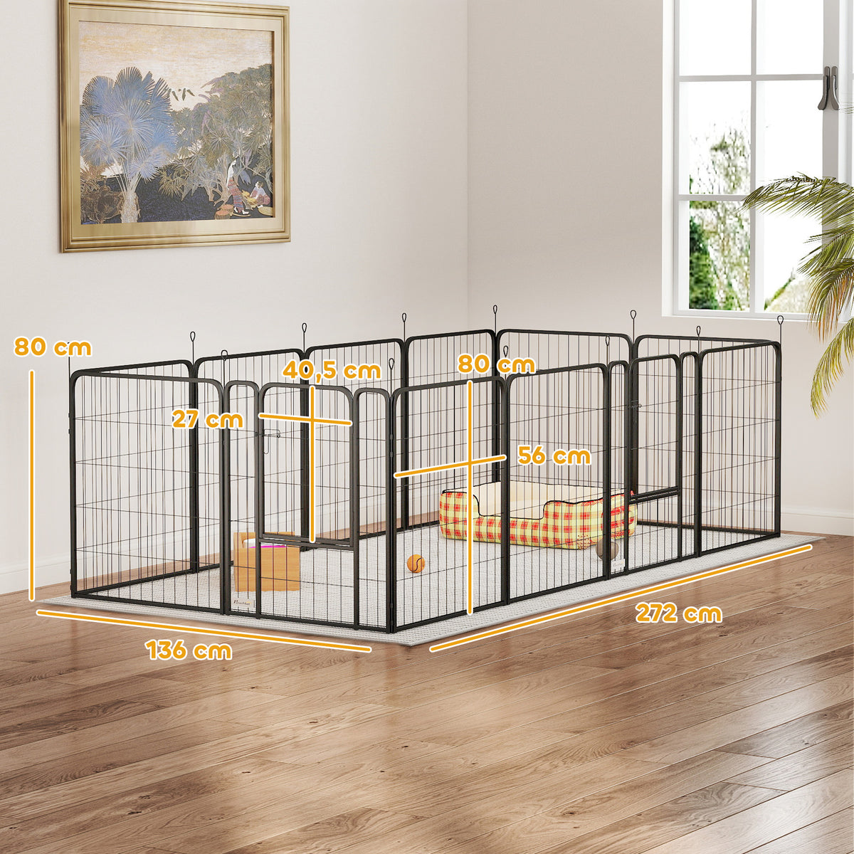 Parque para Cães de 12 Painéis 68x80 cm Parque Dobrável para Cães Médios com Portas Fecho e Estacas para Interior e Exterior Preto — foto 3