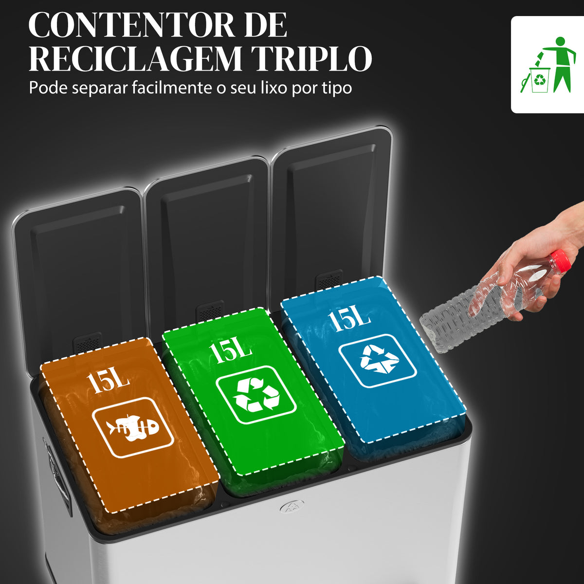 Balde de Lixo de Cozinha com 3 Compartimentos 3x15L Cubo de Lixo de Aço Inoxidável com Pedais Tampas com Fechamento Suave e Cubo Amovível para Escritório Cozinha Prata — foto 4