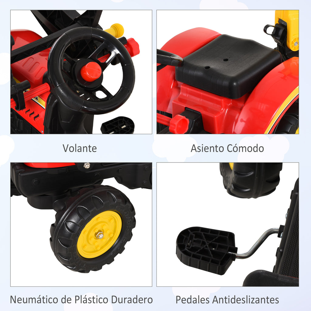 Trator de pedais com reboque escavadeira com pá frontal de brinquedo de condução para crianças acima de 3 anos Direção e pás de fácil controle Suporta até 35 kg 179x42x59 cm Vermelho — foto 4