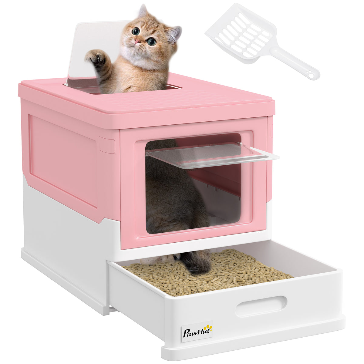 Caixa de Areia para Gatos Dobrável Caixa de Areia para Gatos Fechada com Cobertura Desmontável Bandeja Removível Teto Rebatível Porta de Entrada e Pá 47,5x35,5x36,7cm Rosa — foto 1