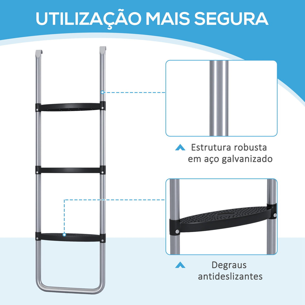 Escada para Trampolim de Aço Escada para Trampolim de 3 ou 2 Degraus com Degraus Largos e 2 Ganchos Capacidade 120 kg 110x32 cm Prata — foto 5