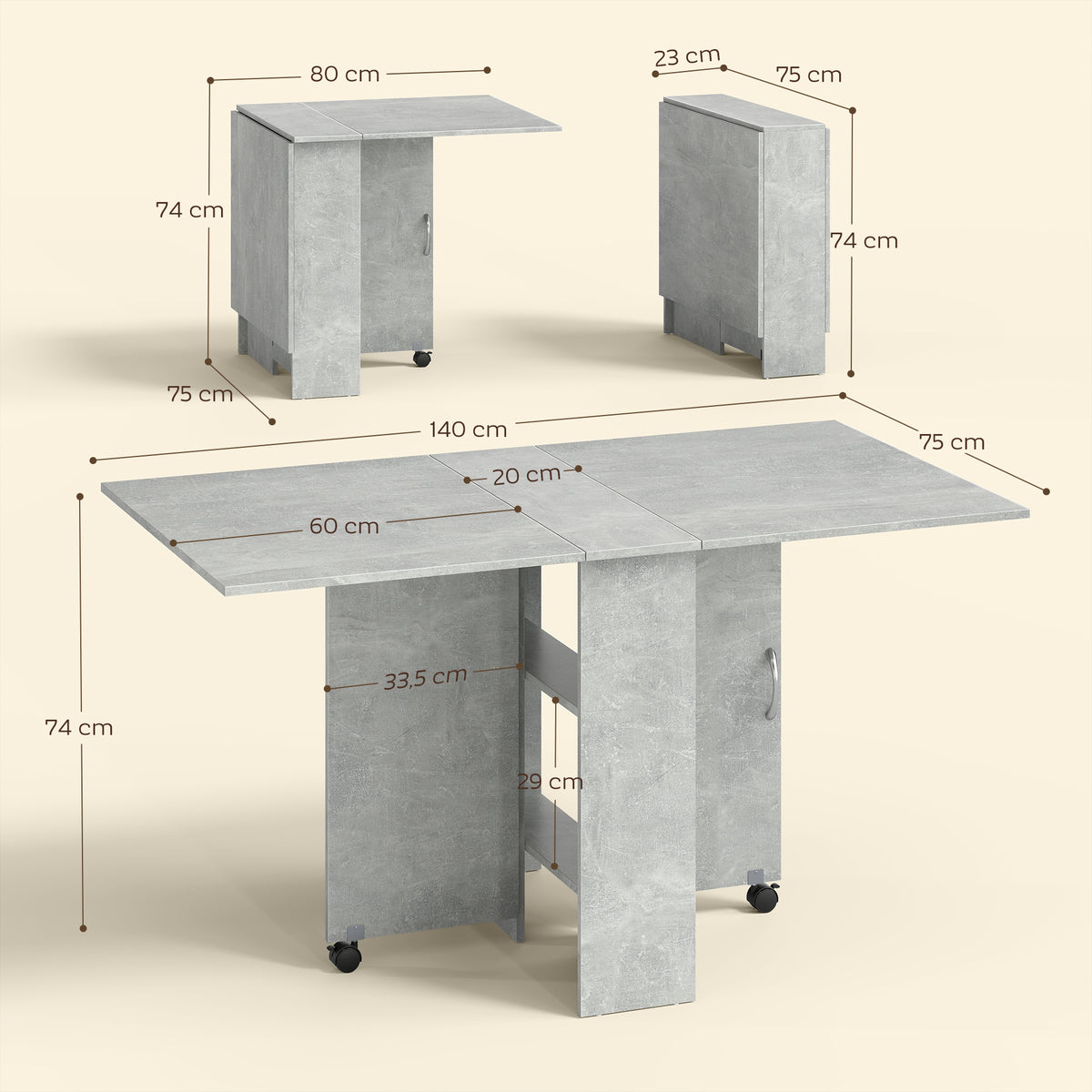 Mesa de Sala de Jantar Dobrável Mesa de Madeira com 2 Prateleiras de Armazenamento e Rodas para Cozinha 75x140x74 cm Cinza — foto 3