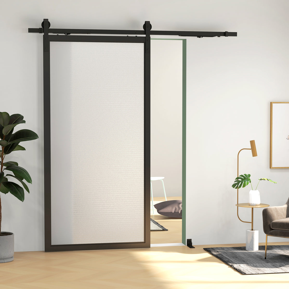 6.6FT/200cm Kit de ferragens para porta deslizante com amortecedor sem perfuração Kit de ferragens para porta deslizante com 2 trilhos para celeiro preto — foto 2