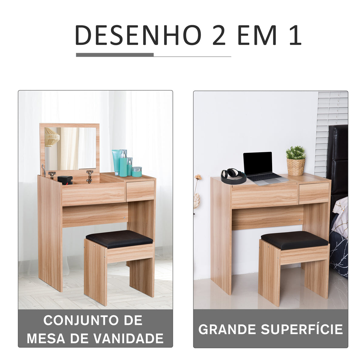 Toucador de Maquilhagem com Branco e Tampa Dobrável Mesa de Maquilhagem com Compartimentos e Gaveta 80x40x79cm Madeira — foto 4