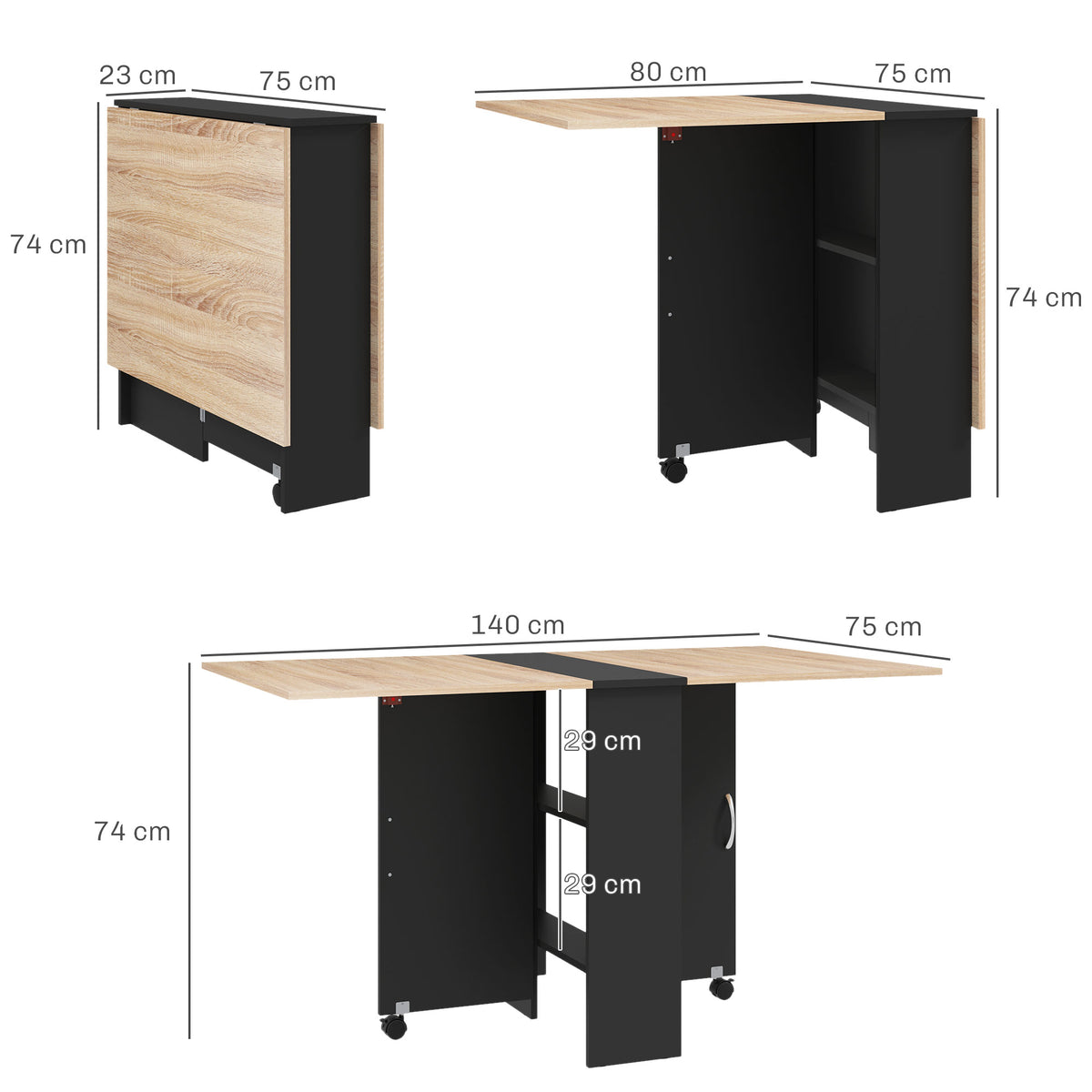 Mesa de Cozinha Dobrável Mesa de Madeira com 2 Prateleiras de Armazenamento e Rodas para Cozinha 75x140x74 cm Preto e Madeira — foto 3