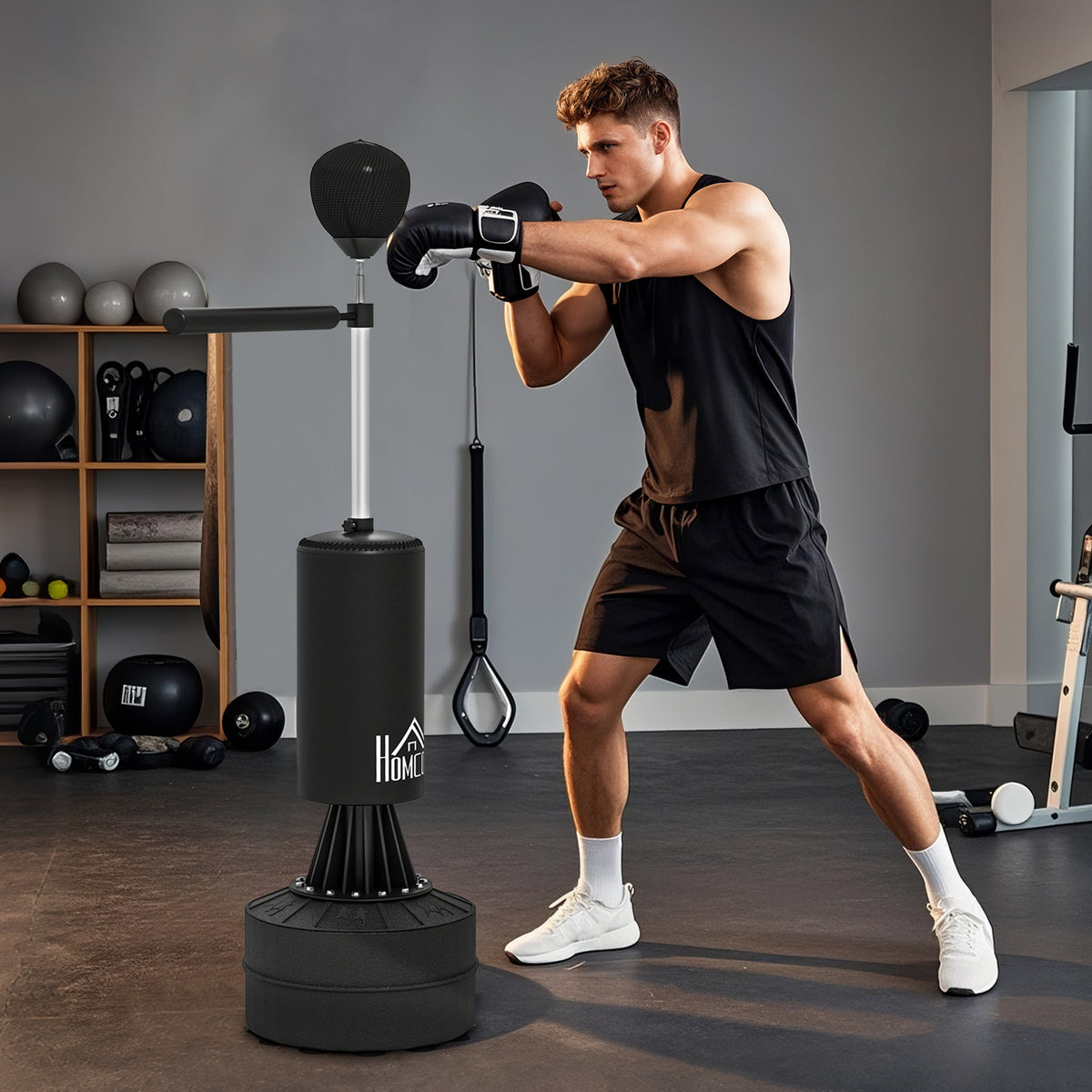 Punching Ball de Boxe com Altura Ajustável com Barra Giratória 360° e Base Preenchida Punching Ball para Boxe 88x48x155-205 cm Preto — foto 2