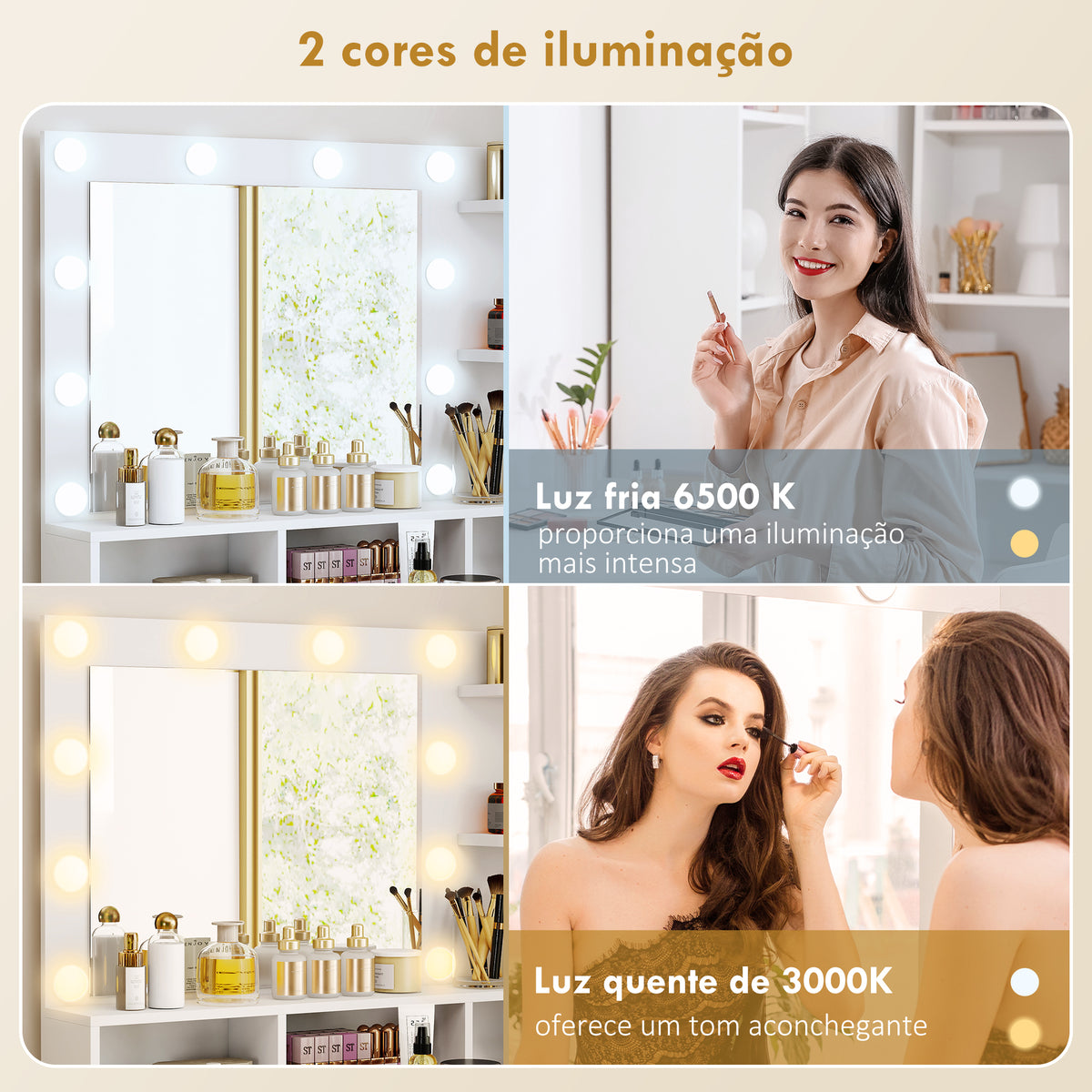 Toucador de Maquilhagem com Luzes LED e Banco Toucador com Espelho 10 Lâmpadas LED Gaveta Prateleiras Compartimentos Abertos para Quarto Closet Branco — foto 4