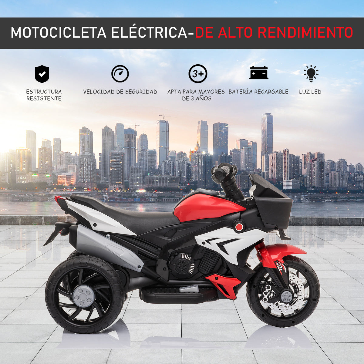 Motocicleta Elétrica Infantil com 3 Rodas para Crianças acima de 3 anos Triciclo com Pedal para Crianças Bateria 6V com Luzes Música Pneus Largos 86x42x52cm Vermelho — foto 4