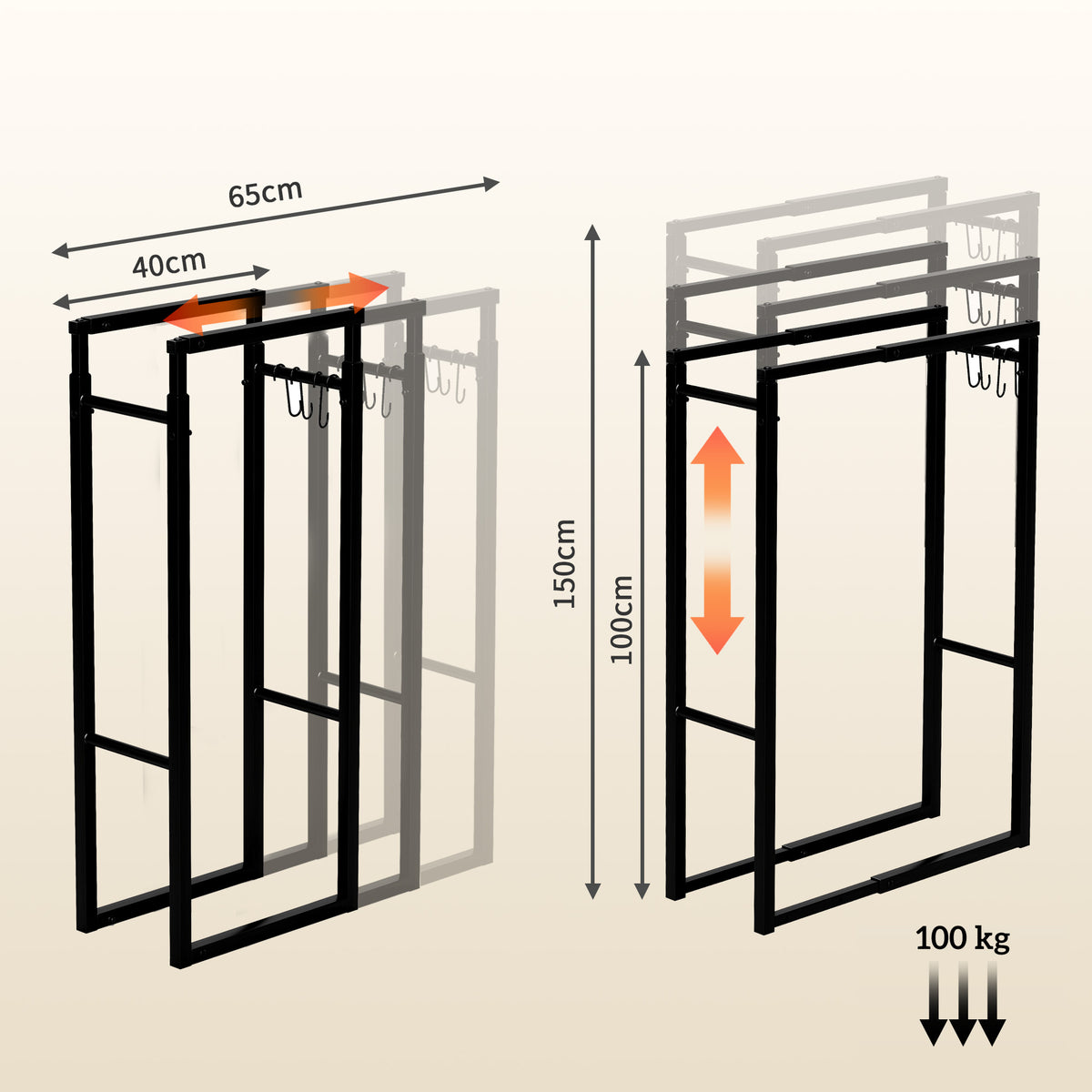 Suporte para Lenha Extensível Suporte para Lenha Metálico com 4 Ganchos Carga Máxima 100 kg para Interior e Exterior 40-65x25x100-150 cm Preto — foto 3