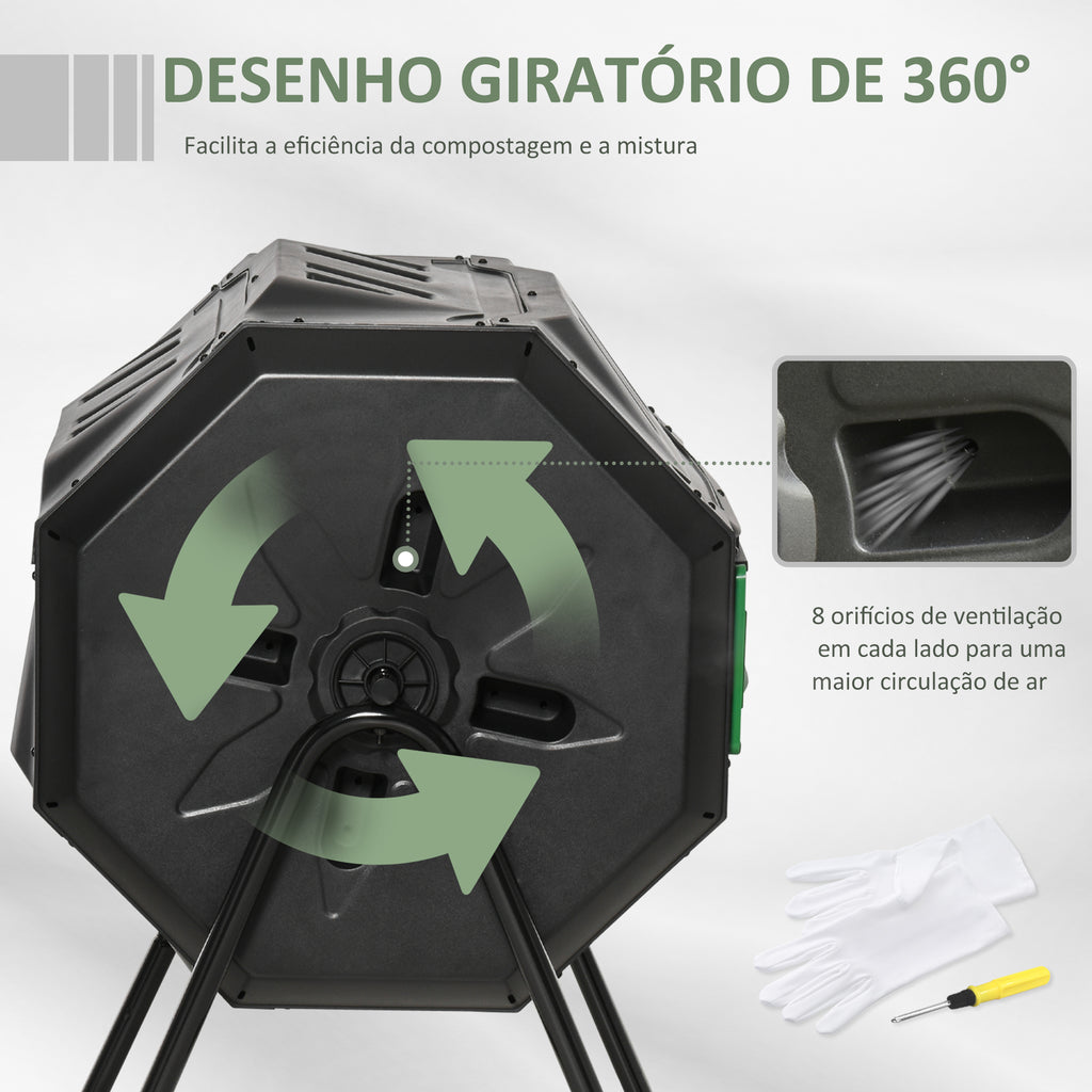 Compostor de Tambor Giratório com Capacidade 160L de Dupla Câmera e Ventilação Estrutura de Aço para Resíduos Orgânicos de Jardim 71x64x92cm Preto e Verde — foto 5