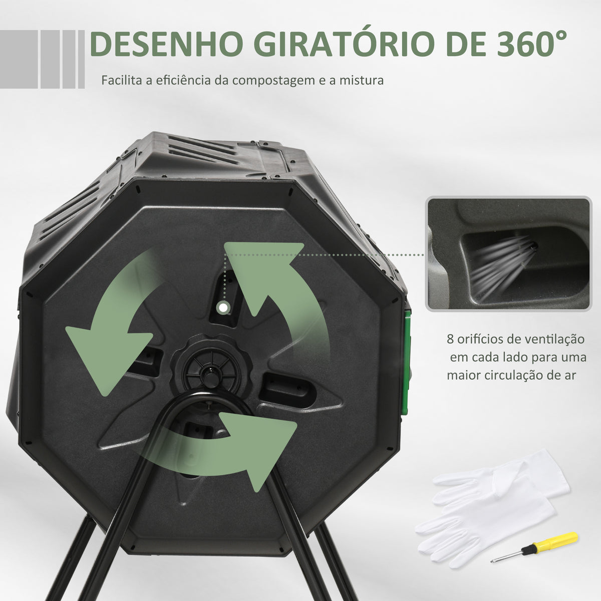 Compostor de Tambor Giratório com Capacidade 160L de Dupla Câmera e Ventilação Estrutura de Aço para Resíduos Orgânicos de Jardim 71x64x92cm Preto e Verde — foto 5