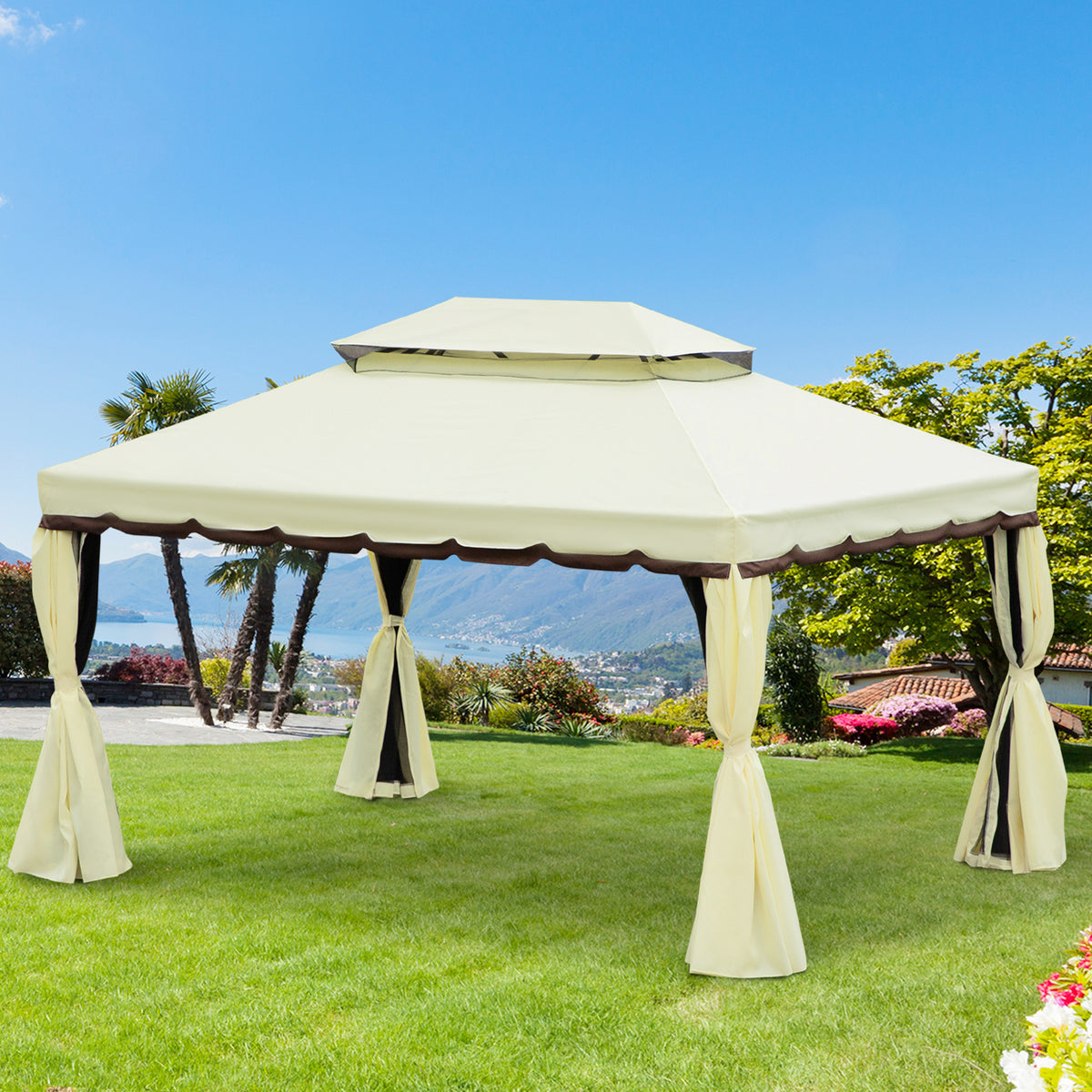 Pérgola de Jardim 4x3m Pérgola de Alumínio com Teto com Ventilação 4 Cortinas Laterais 4 Telas Mosquiteiras e 8 Orifícios de Drenagem para festas Eventos Exterior Creme — foto 2
