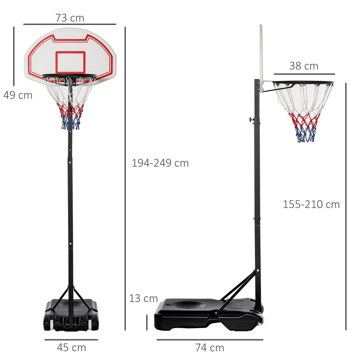 Cesto de Basquetebol com Altura Ajustável de 155-210 cm Cesto Portátil com Rodas de Transporte e Base Recheável com Água 30 kg ou Areia 35 kg para Crianças e Adultos Interior Exterior Multicolor — foto 3