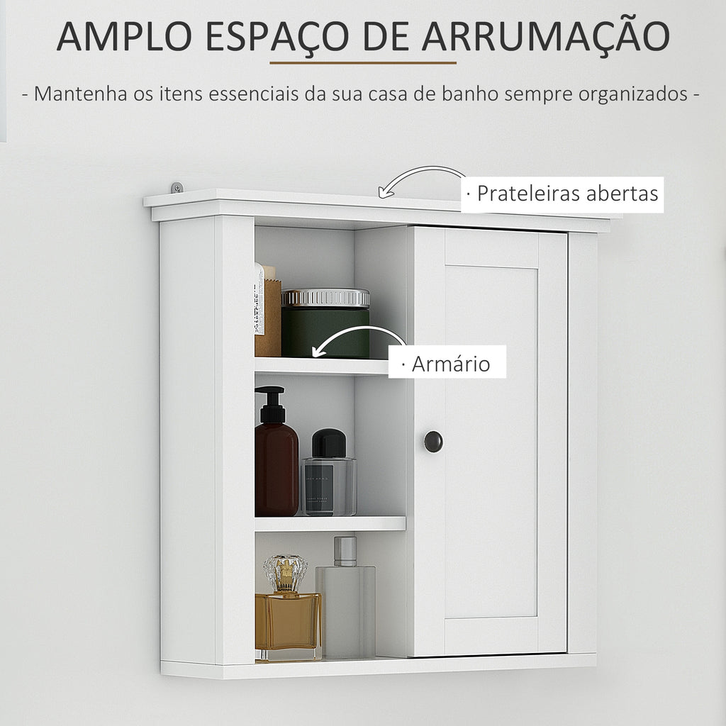 Armário de banheiro multifuncional Armário de parede com economia de espaço com 3 níveis abertos 1 porta Prateleira de sobreposição ajustável 53x14.5x50.5 cm Branco — foto 6