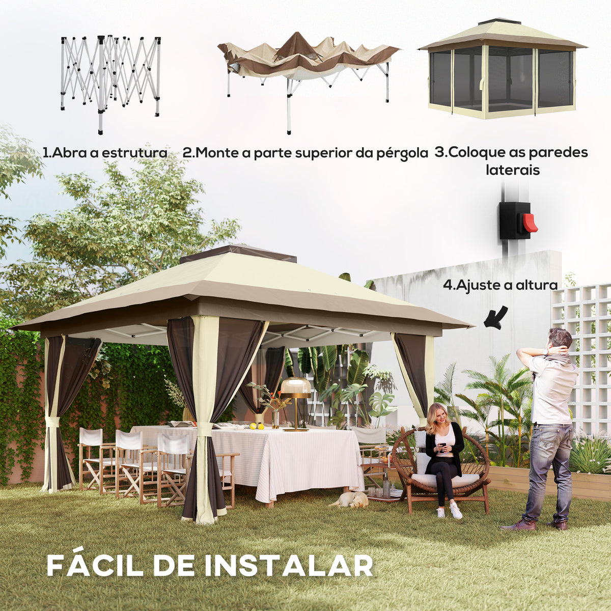 Pérgola Dobrável 356x356x280 cm Pérgola Dobrável com 4 Paredes Laterais de Malha Anti-UV Altura Ajustável Bolsa de Areia e Bolsa de Transporte para Campismo Festas Bege e Marrom — foto 4
