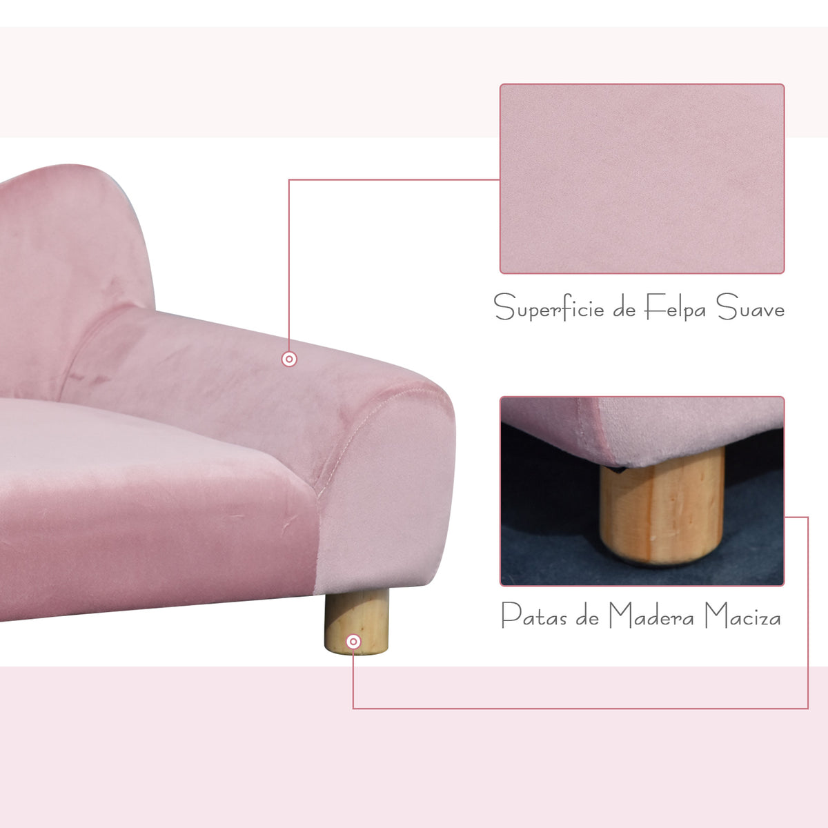 Sofá para Animais de estimação Sofá estilo moderno para gatos Cães pequenos com encosto e 3 ondulações Pernas levantadas em madeira 63x43x40 cm Rosa — foto 6