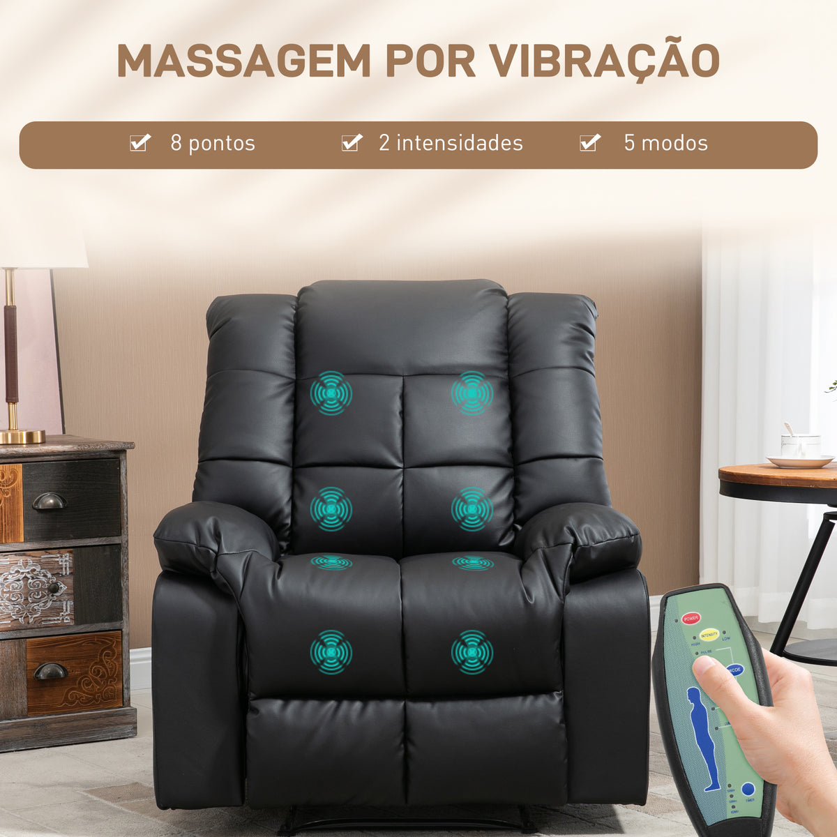 Poltrona de Massagem Poltrona Relax Reclinável com 8 Pontos de Massagem Controlo Remoto Estofada em PU Apoio para Pés Bolso Lateral Poltrona para Sala de Estar Quarto 94x99x99 cm Preto — foto 4